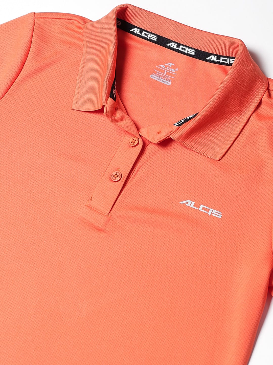 Women's orange sports T-shirt by Alcis featuring half sleeves, round neck and lightweight mock eyelet fabric.