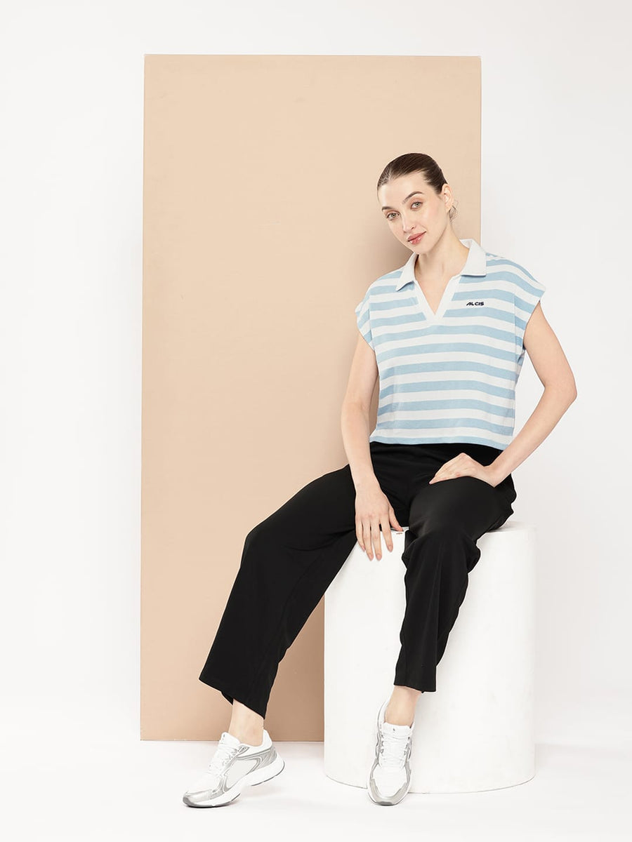 
                    
                      Women's striped sports casual polo T-shirt with regular fit and soft cotton polyester fabric by Alcis.
                    
                  