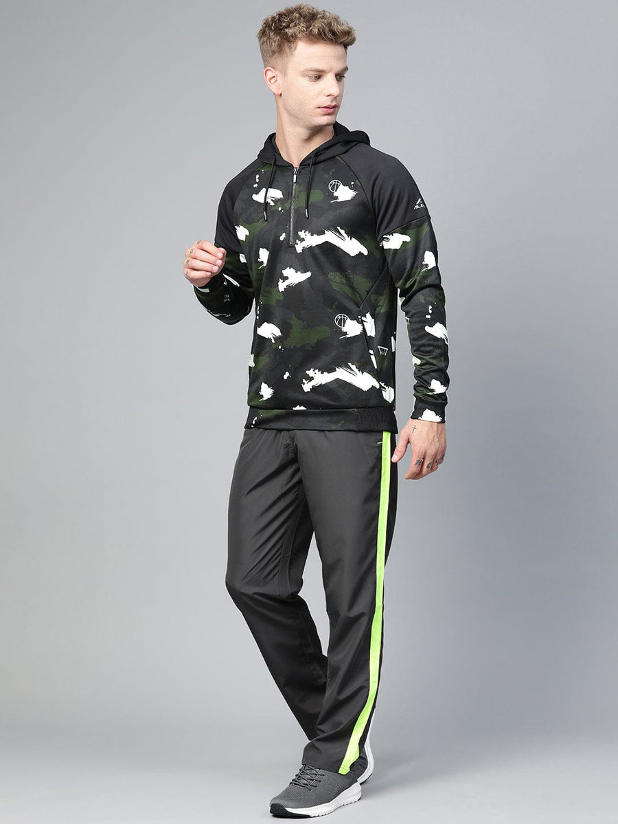 Alcis Men Olive Green  Black Camouflage Print Hooded Sweatshirt