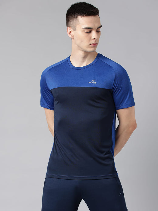 Alcis Men's Blue & Black Colour-Blocked Anti-Static Drytech+ Slim-Fit Training Tee