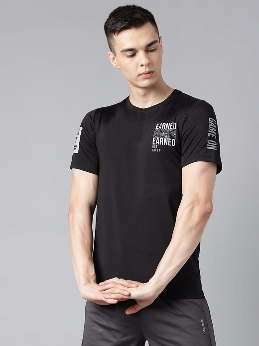 Alcis Men's Printed Black Anti-Static Drytech+ Slim-Fit Training Tee