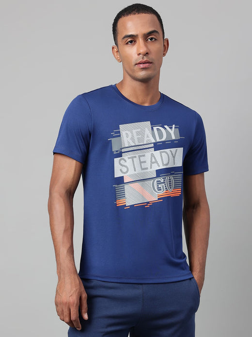 Alcis Men's Printed Navy Anti-Static Drytech+ Slim-Fit Training Tee