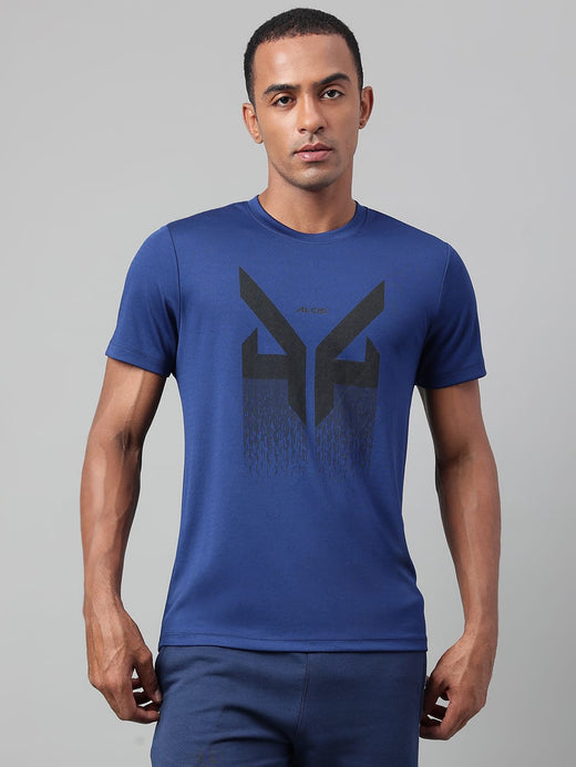 Alcis Men's Printed Navy Anti-Static Drytech+ Slim-Fit Training Tee