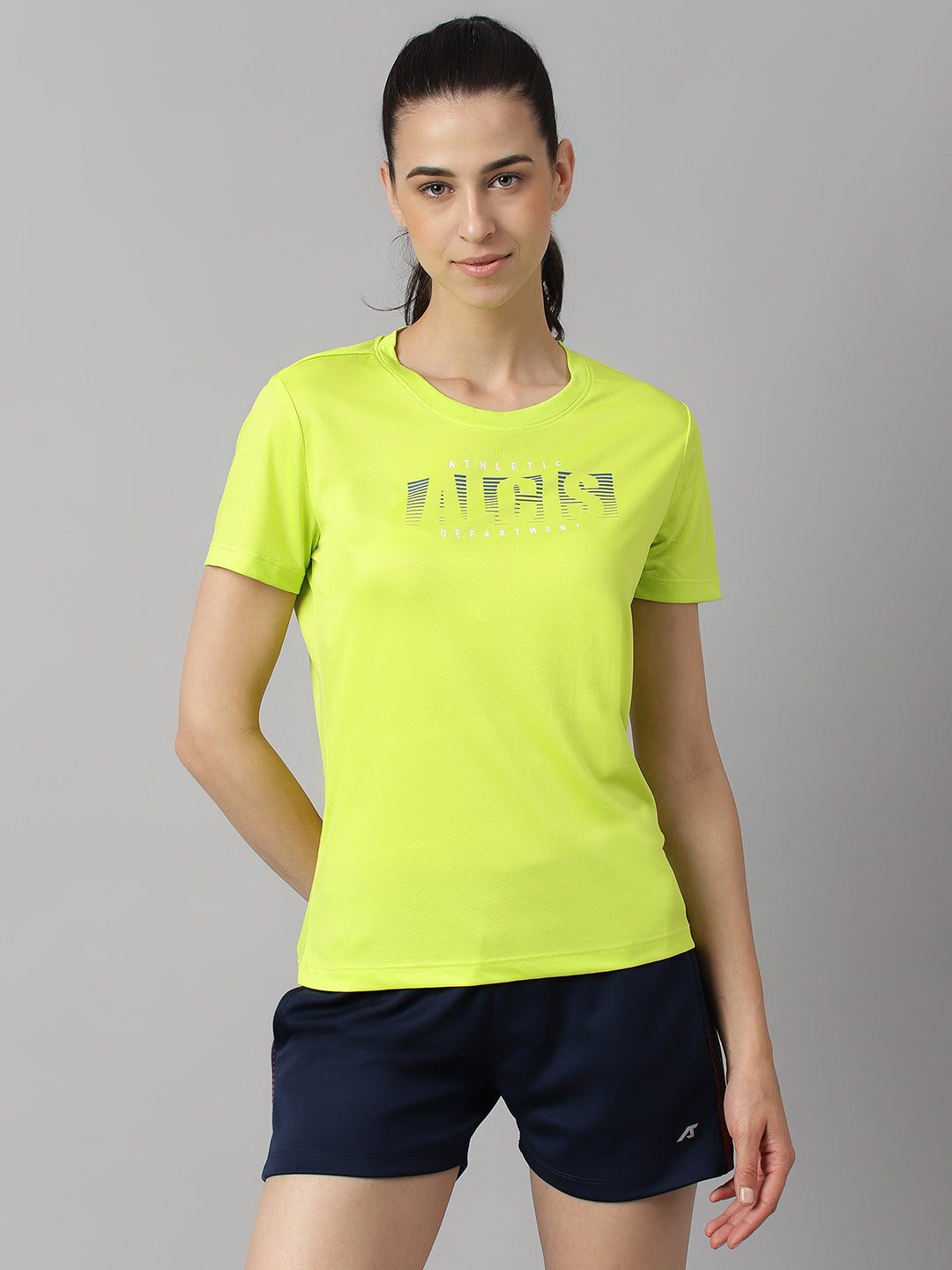 Alcis Women Printed Neon Green Anti-Static Slim-Fit Round Neck Training T-Shirt