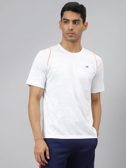 Alcis Men White Jacquard Mesh Anti-Static Slim-Fit Round Neck Training T-Shirt