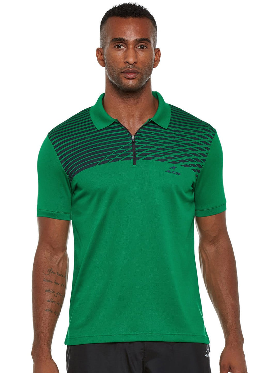 Alcis Men Green Striped Polo Collar T-shirt 505MPO363PR-S