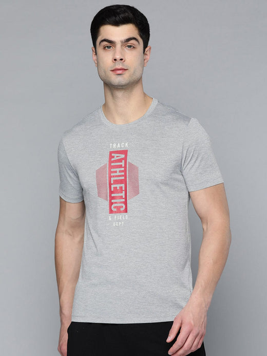 Alcis Men Grey Melange Red Typography Printed T-shirt