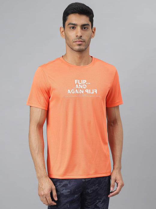 Alcis Men Printed Orange Anti-Static Slim-Fit Round Neck Training T-Shirt