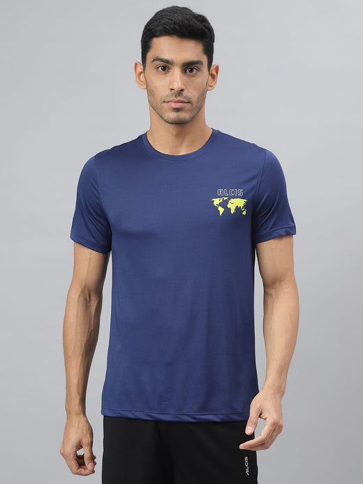 Alcis Men Printed Navy Anti-Static Slim-Fit Round Neck Training T-Shirt