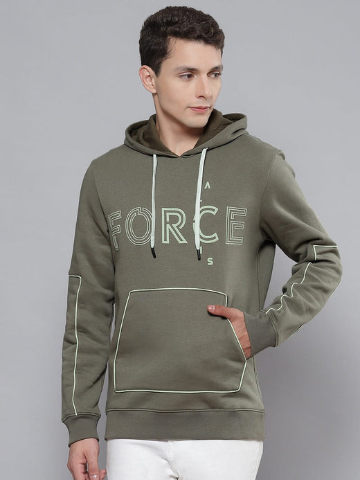 Alcis Men Olive Green & White Printed Hooded Sweatshirt