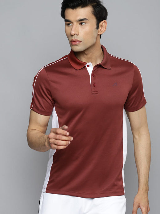 Alcis Men Maroon White Polo Collar Slim Fit Training or Gym T-shirt