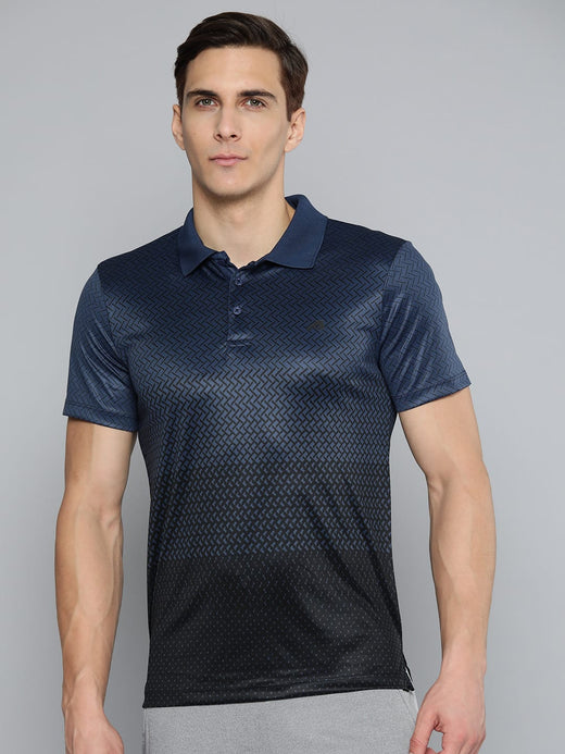 Alcis Men Navy Blue Black Printed Polo Collar Slim Fit Running T-shirt