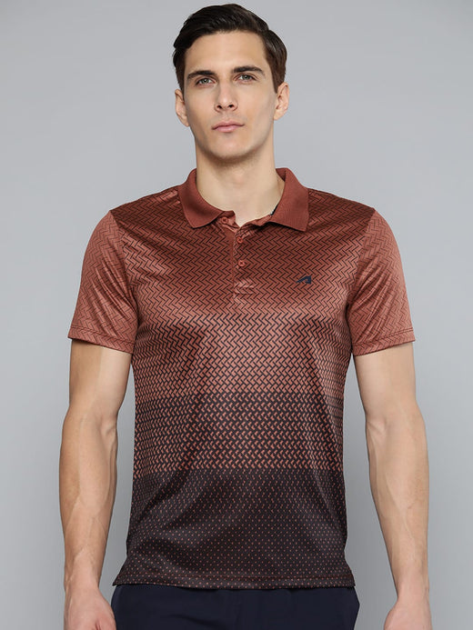 Alcis Men Brown Black Printed Polo Collar Slim Fit Running T-shirt