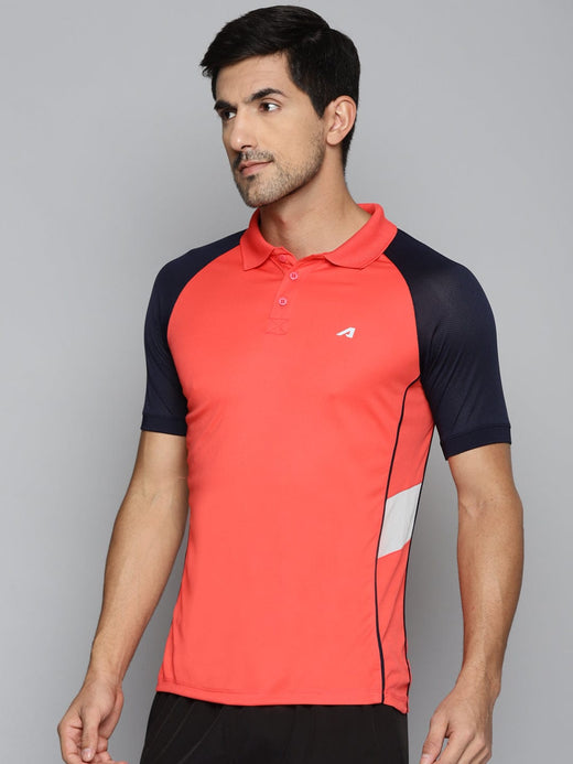ALCIS Men Red & Navy Blue Colourblocked Polo Collar Slim Fit Running T-shirt
