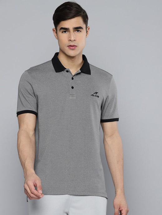 Alcis Men Grey Black Polo Collar T-shirt