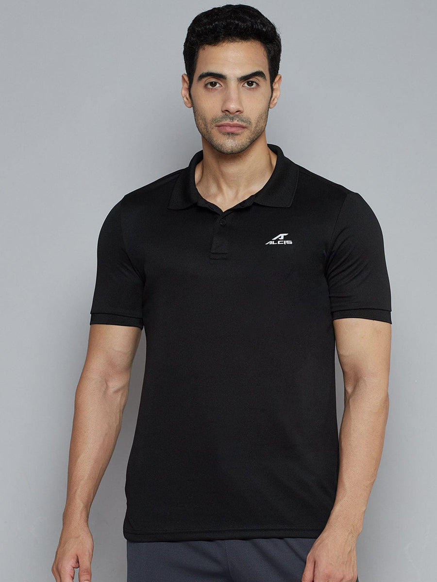 Alcis Men Black Solid Polo Collar Slim Fit T-shirt