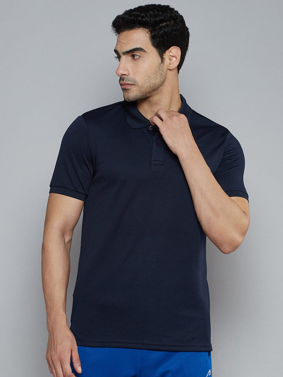 Alcis Men Navy Blue Solid Polo Collar Slim Fit T-shirt