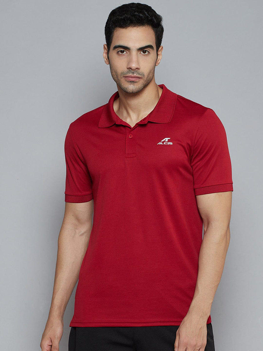 Alcis Men Maroon Solid Polo Collar Slim Fit T-shirt