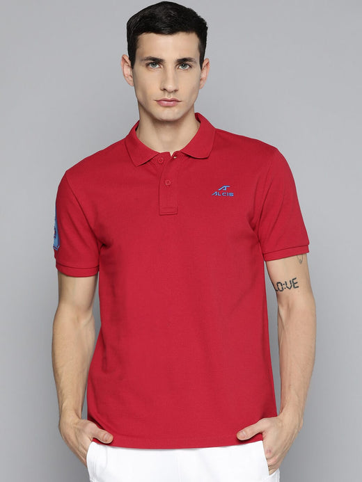 Alcis Men Red Typography Printed Polo Collar Slim Fit T-shirt