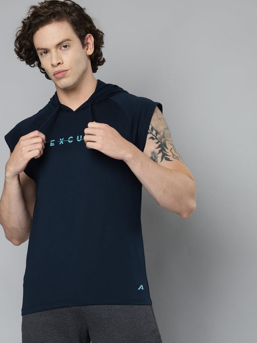 Alcis Men Navy Blue Typography Printed Slim Fit Running Vest