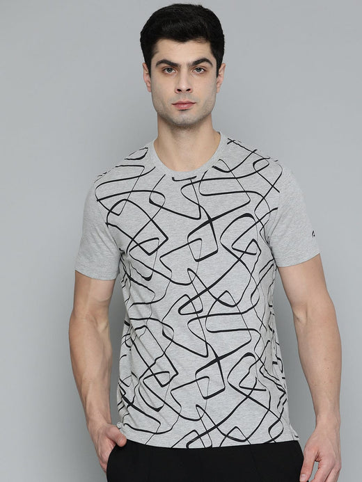 Alcis Men Grey Melange Black Printed Sports T-shirt