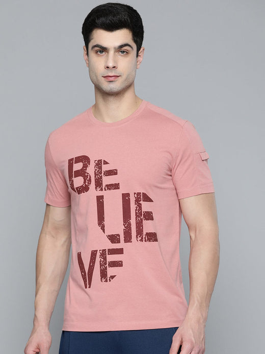 Alcis Men Dusty Pink Maroon Typography Printed T-shirt