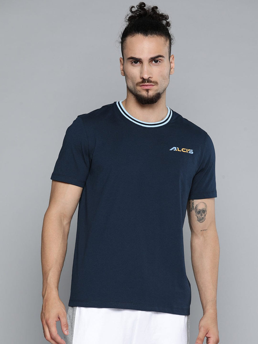 Alcis Men Navy Blue Solid Slim Fit Gym T-shirt