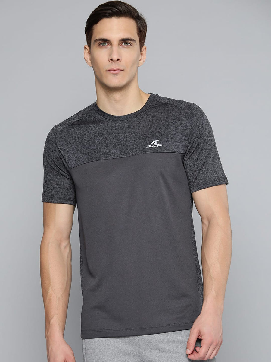 Alcis Men Charcoal Grey Slim Fit Running T-shirt