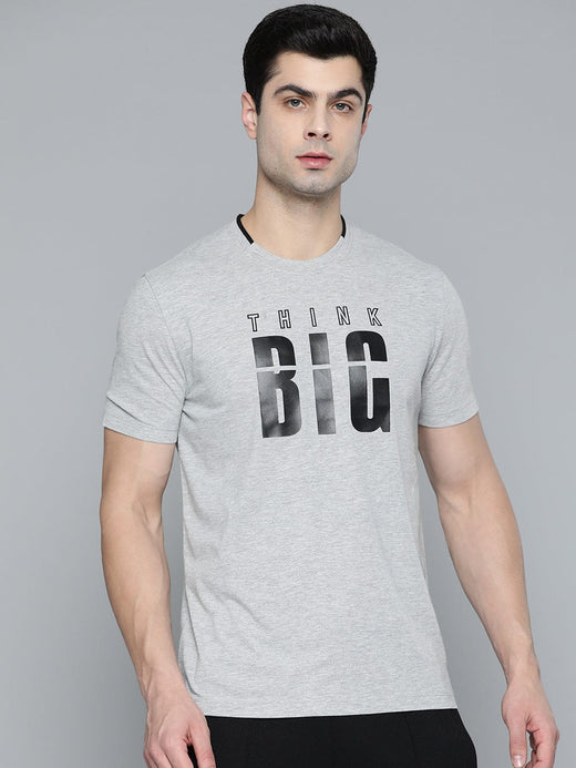Alcis Men Grey Melange Black Typography Printed T-shirt