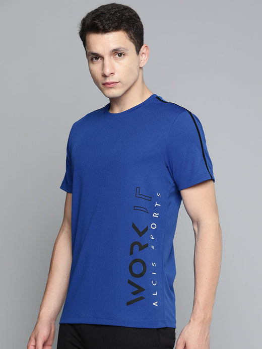 Alcis Men Blue  Typography Printed Dry Tech Slim Fit T-shirt