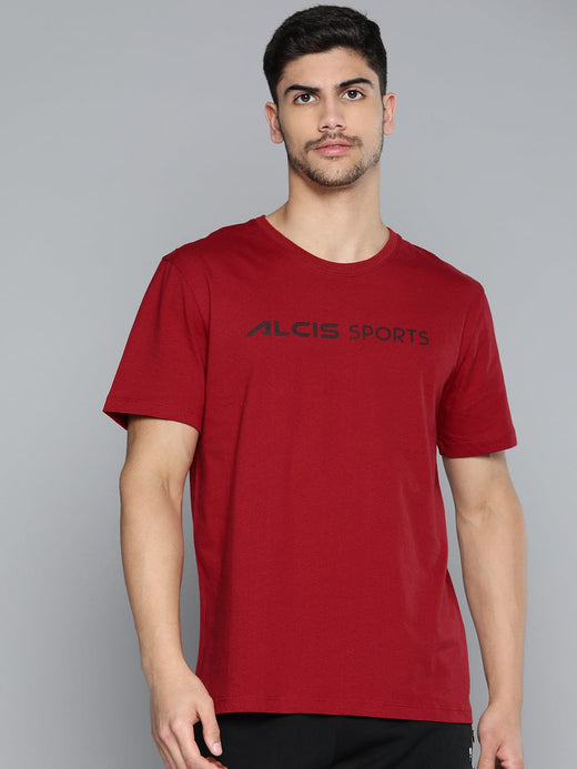 Alcis Men Red Typography Printed Slim Fit Sports T-shirt