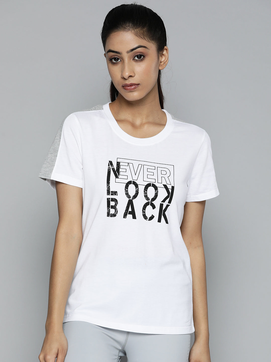Women White & Black Typography Printed Slim Fit Training or Gym T-shirt  AAWTEEDM00024603-XS