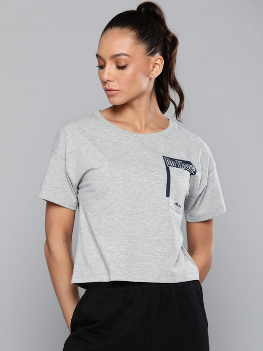 Alcis Women Grey Melange Typography Printed Slim Fit T-shirt