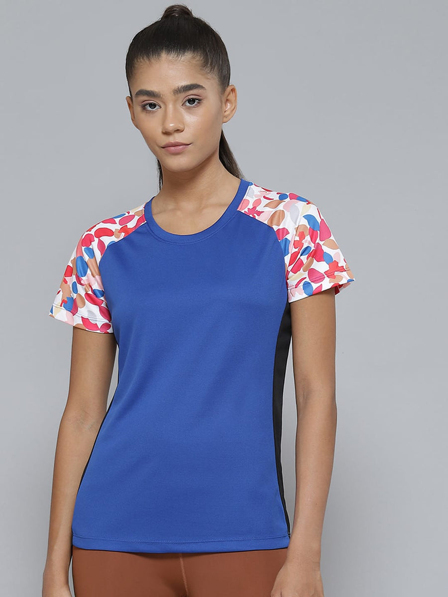 Alcis Women Blue  Pink Printed Slim Fit Sports T-shirt