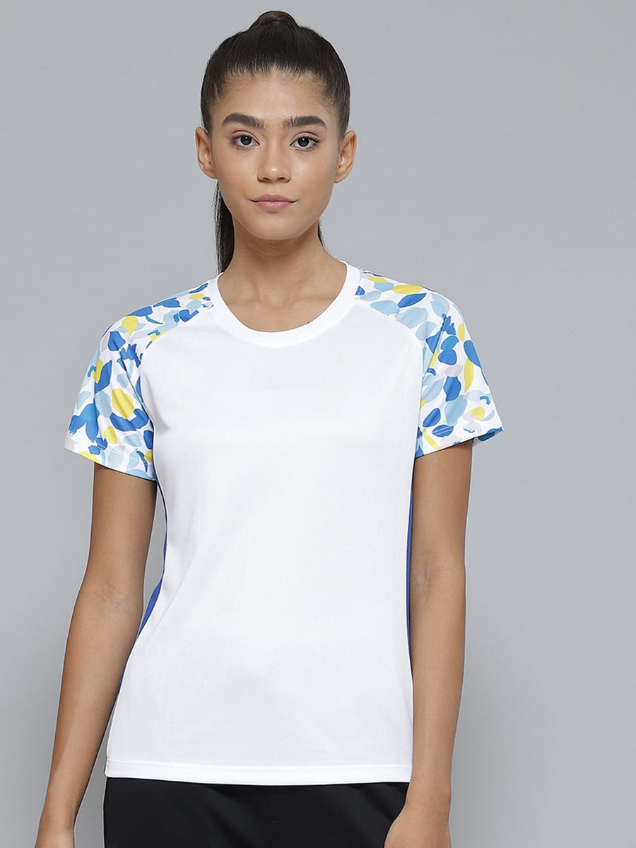 Alcis Women White  Blue Printed Slim Fit Sports T-shirt