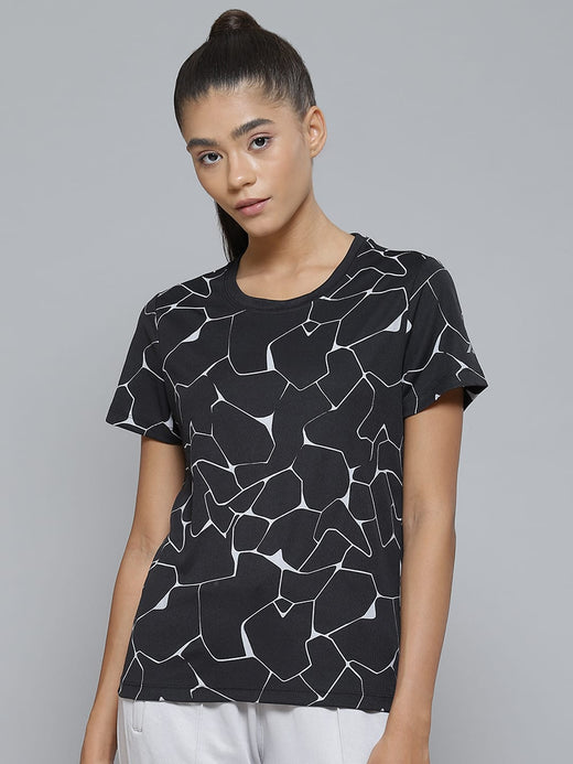 Alcis Women Black White Printed Monochrome Slim Fit T-shirt