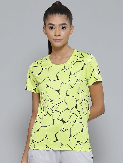 Alcis Women Lime Green Printed Slim Fit Sports T-shirt
