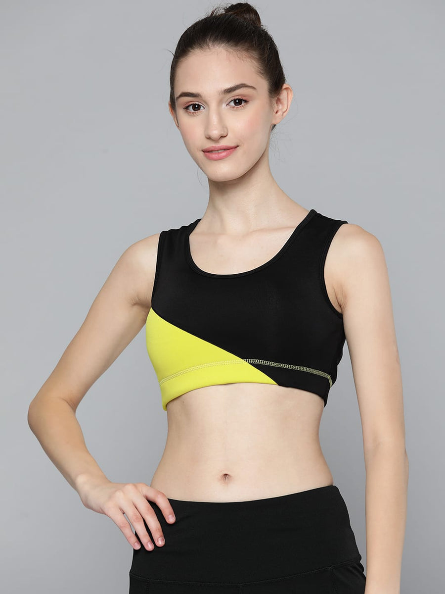 Alcis women black and yellow colourblocked lightly padded bra with comfortable sleeveless design.