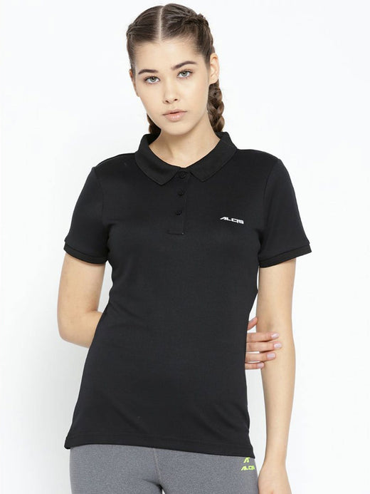 Alcis Women Black Solid Polo Collar T-shirt