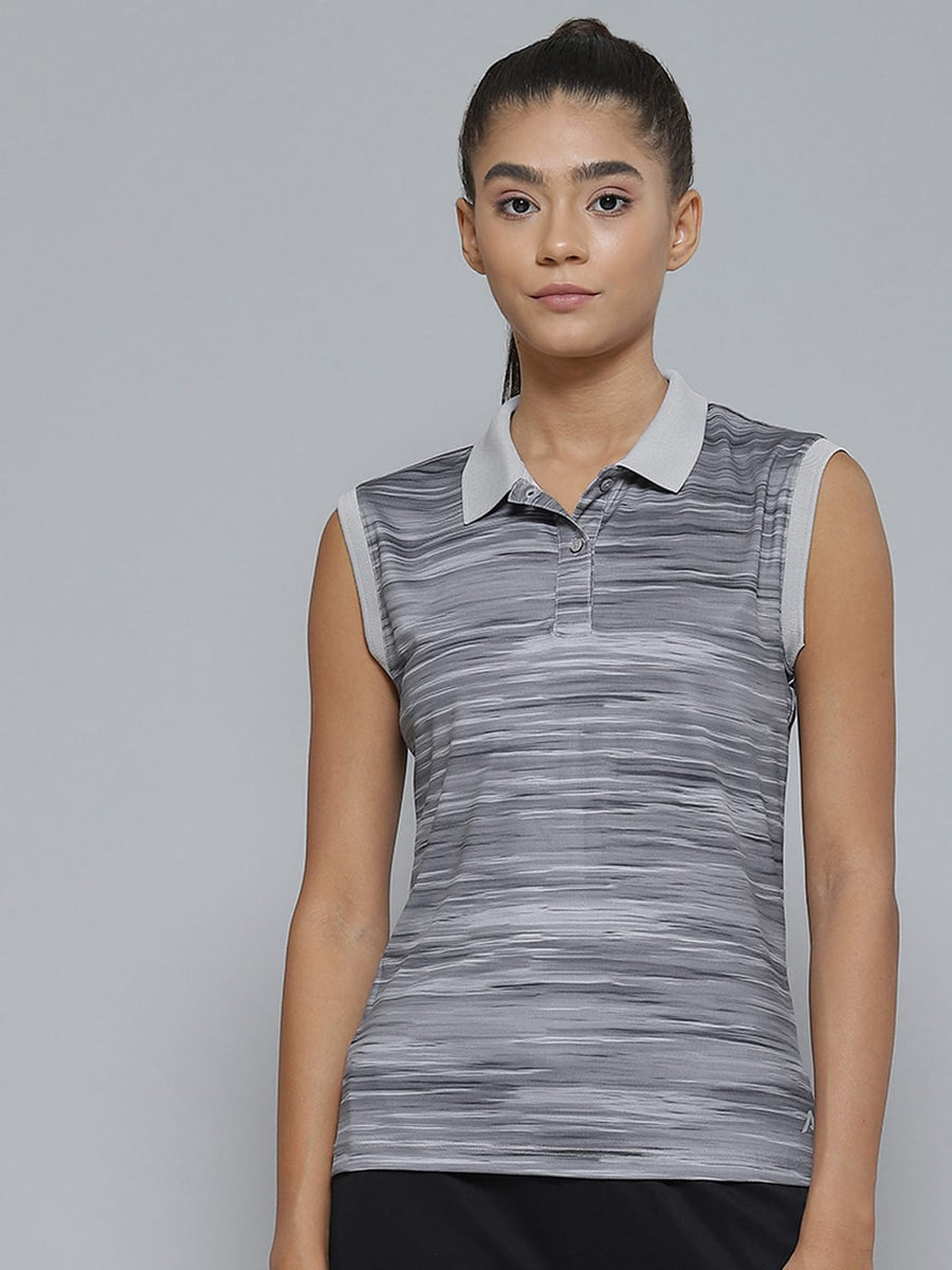 Alcis women grey striped polo collar T-shirt with slim fit and sleeveless polyester mesh fabric.