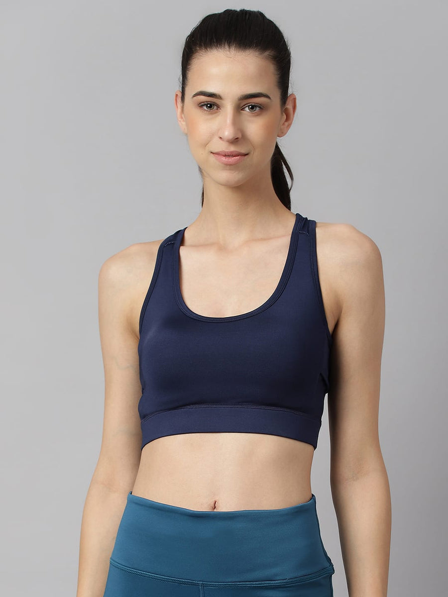 Alcis women navy high impact sports bra with anti-static technology for intense gym and fitness workouts.