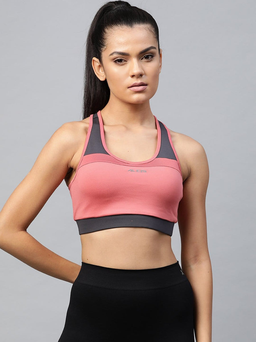 Alcis women pink full coverage lightly padded workout bra with Drytech+ technology for gym and fitness training.