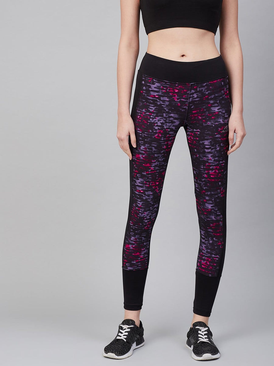 Alcis Women Black  Purple Printed Training Tights