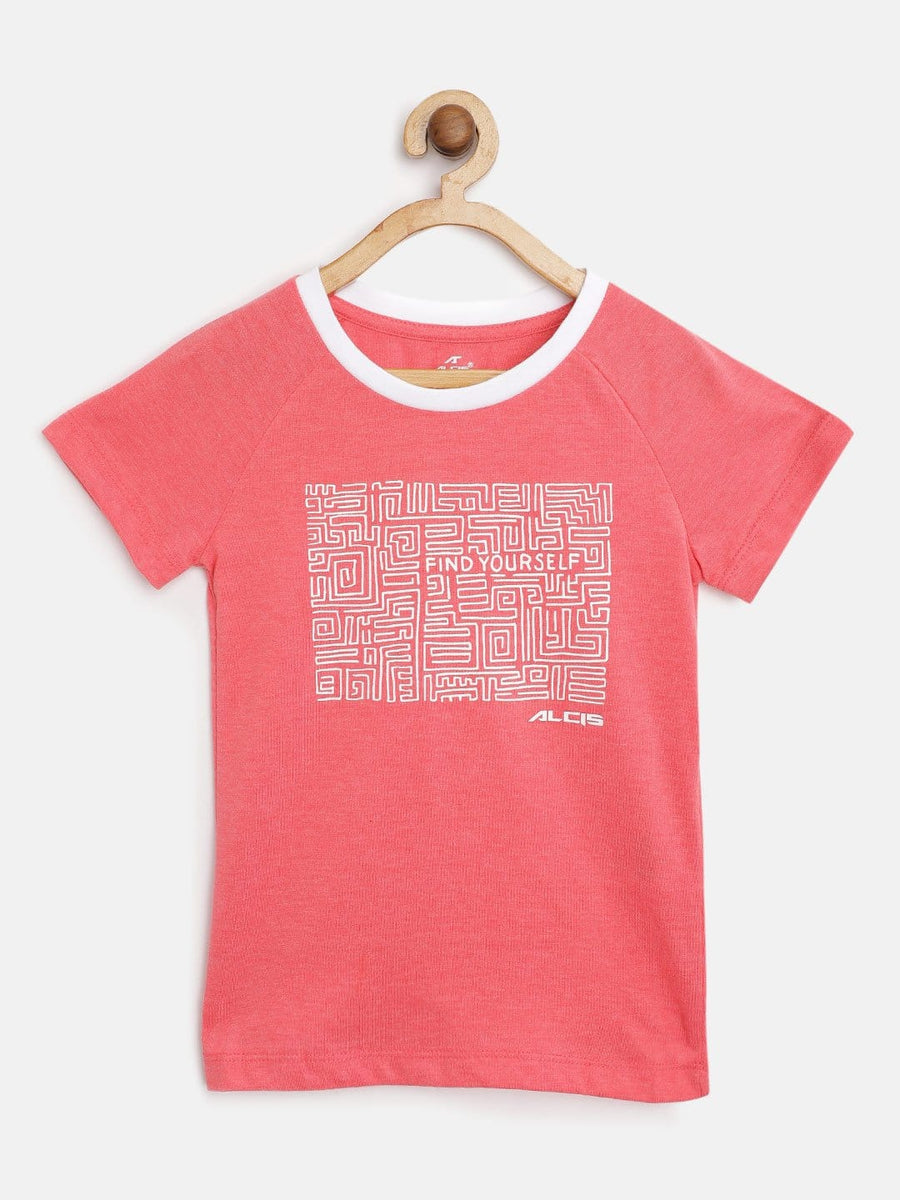 Alcis Girls Coral Pink  White Abstract Printed Round Neck T-shirt