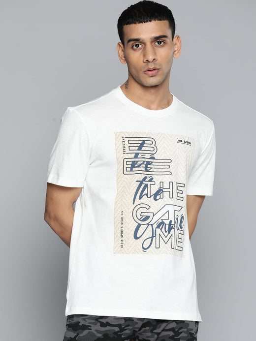 Alcis Men White & Beige Typography Printed Slim Fit T-shirt