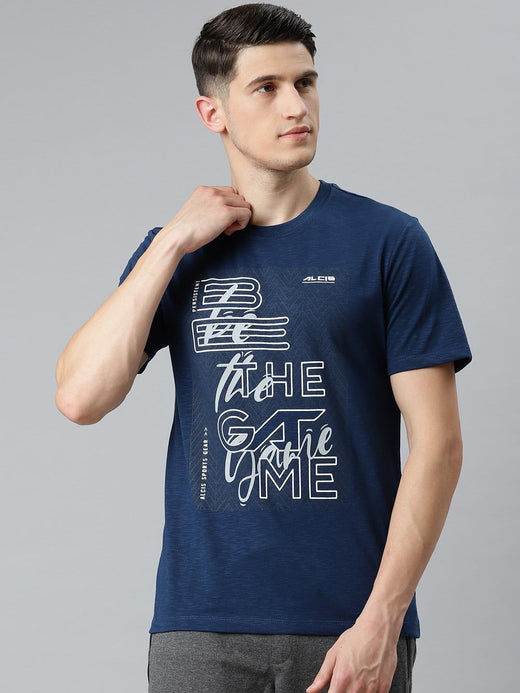 Alcis Men Navy Blue & White Typography Printed Slim Fit T-shirt