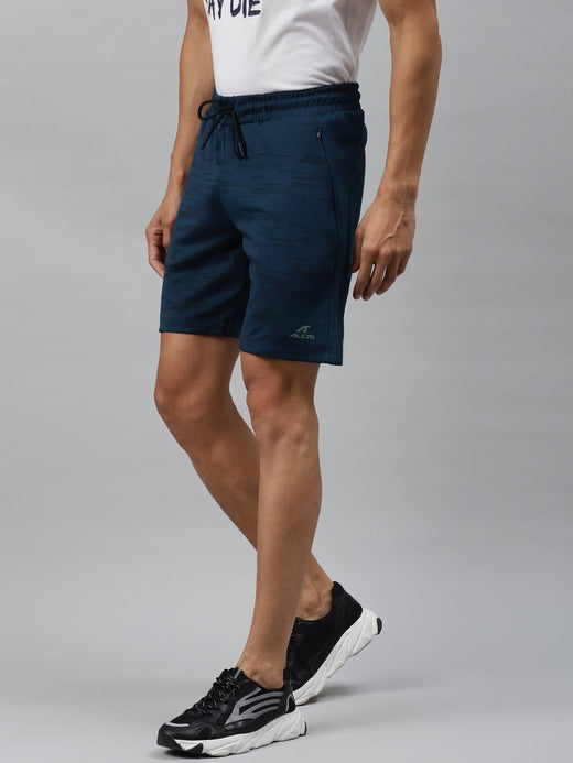 Alcis Men Navy Blue Black Printed Slim Fit Sports Shorts