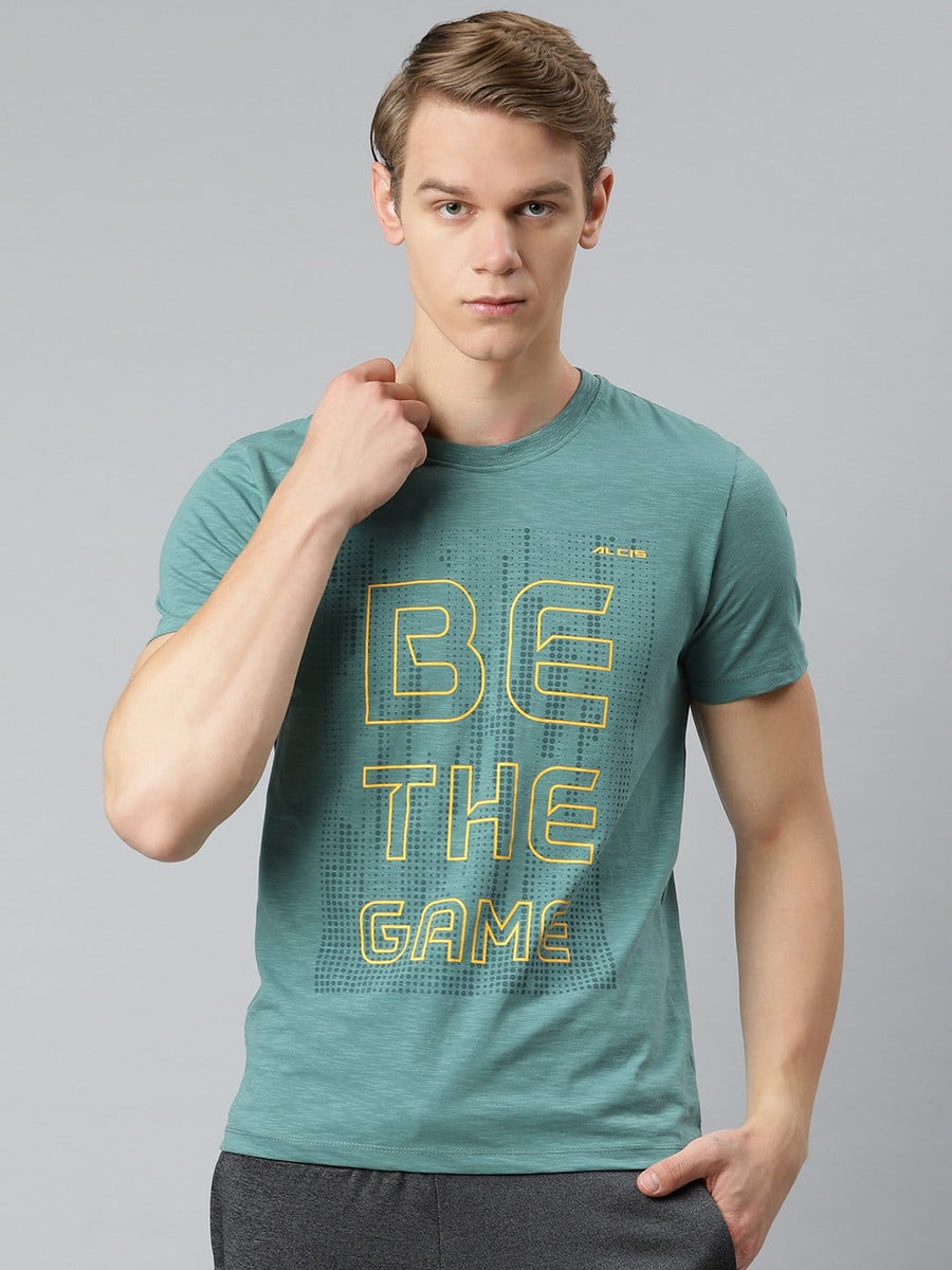 Alcis Men Green  Yellow Typography Printed T-shirt