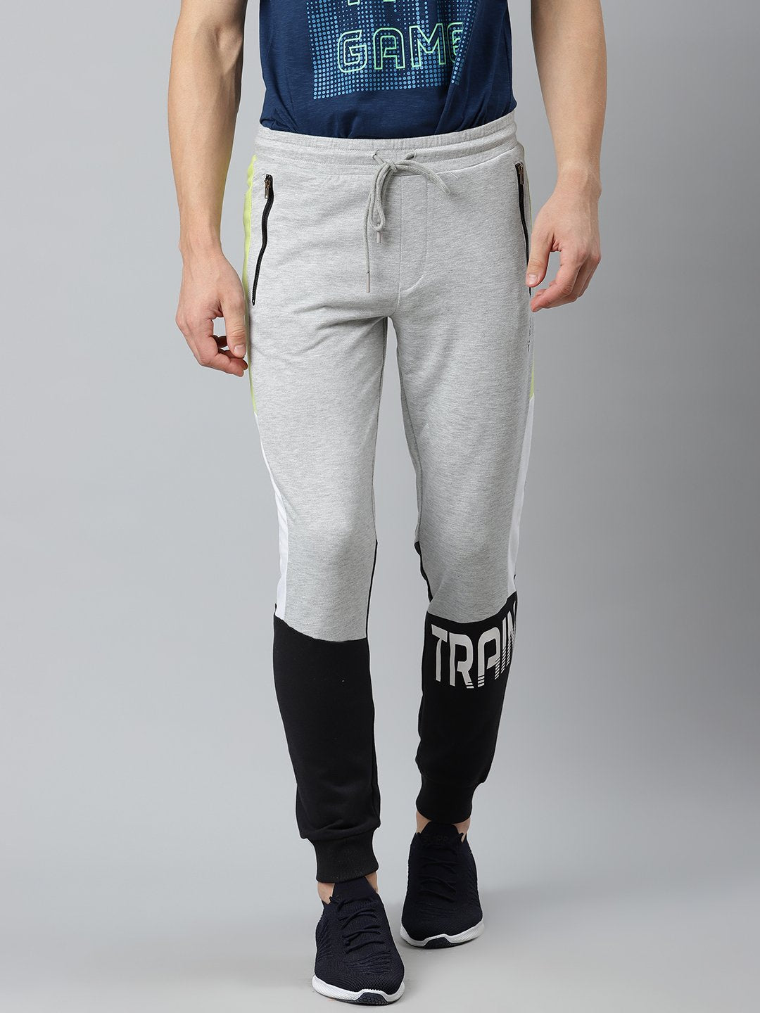 Alcis Men Grey Melange  Black Colourblocked Slim Fit Joggers