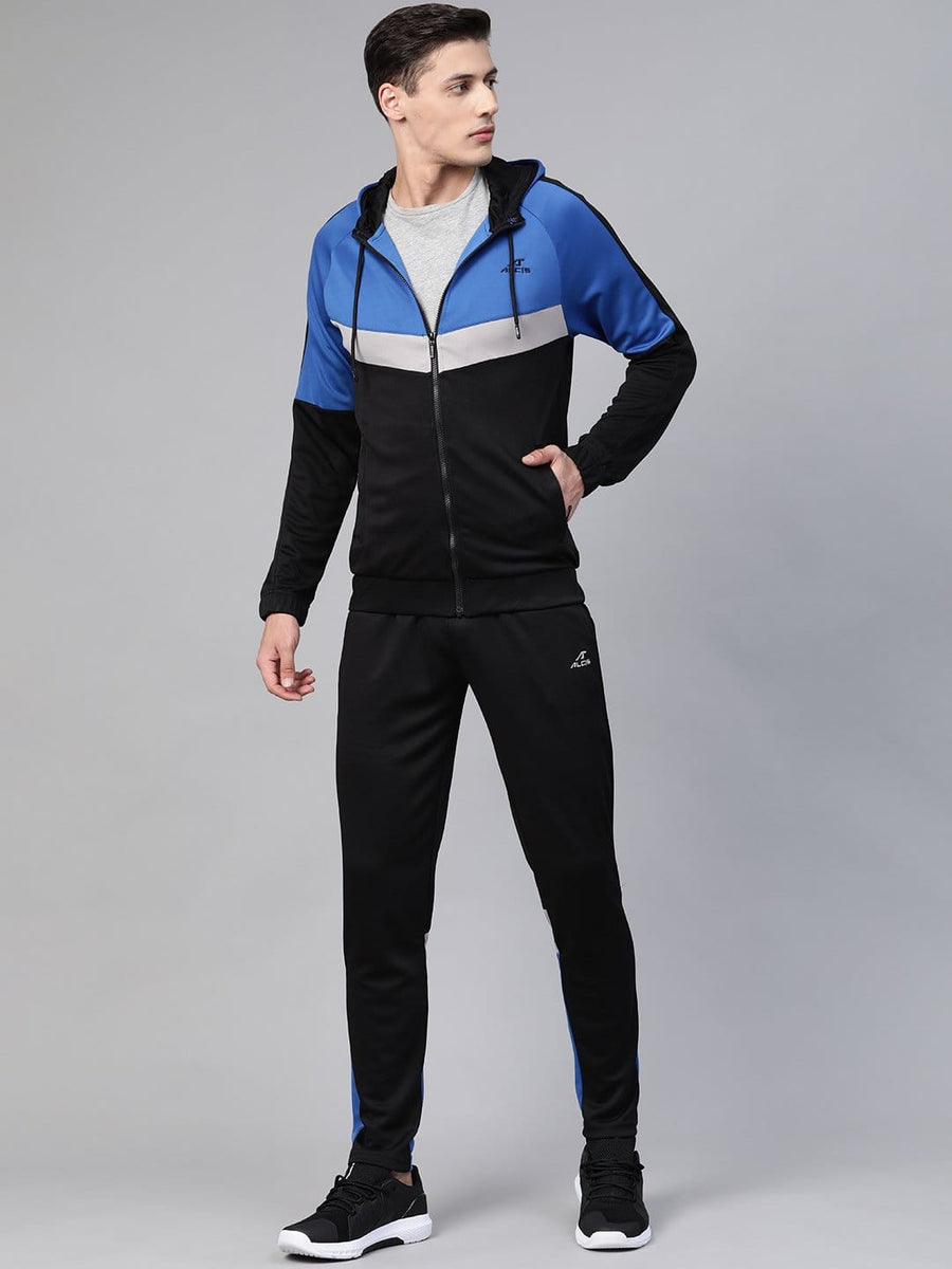 Alcis Men Black  Blue Hooded Colourblocked Training Tracksuit